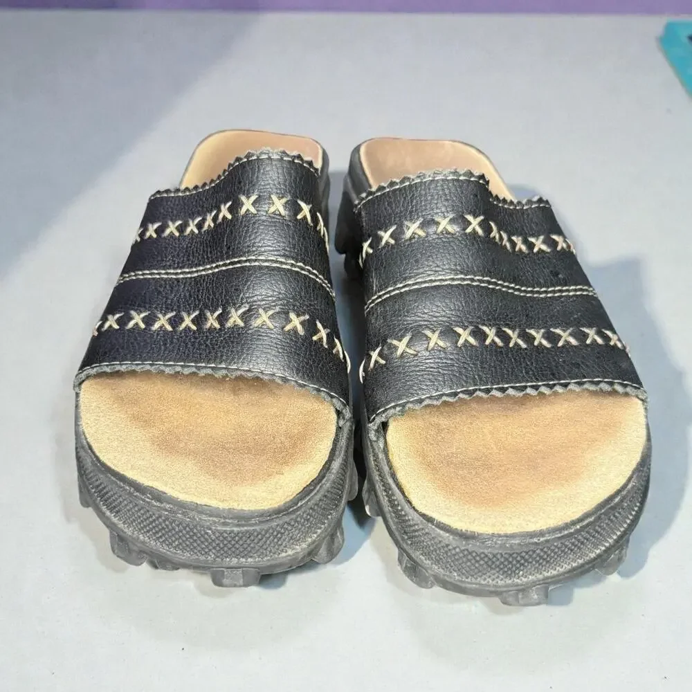MIA Y2K Chunky Platform Sandals Black Leather Womens 7 Lug Sole Retro Slides